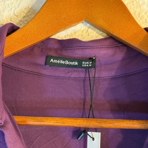 AmélieBoutik Women Collar V Neck Long Sleeve Polo Shirt. Purple Size M - Picture 6 of 7